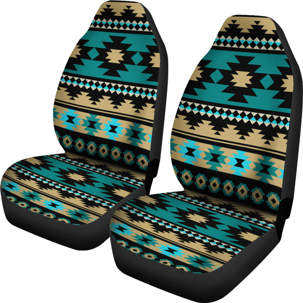 Set of Aztec seat covers with teal, tan, black and blue geometric stripes, headrests