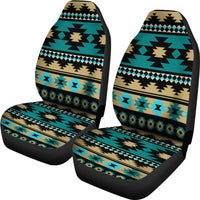 Set of Aztec seat covers with teal, tan, black and blue geometric stripes, headrests