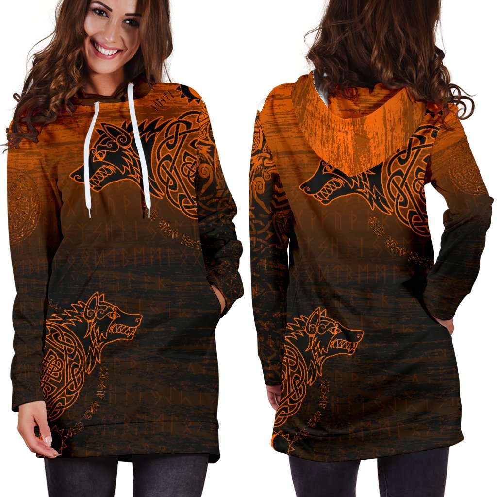 Viking Women's Hoodie Dress, Skoll and Hati Orange RLT12 - Wonder Print Shop