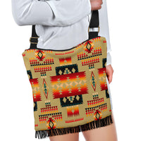 Native tribe pattern crossbody bag, black strap, multicolor geometric design and fringe