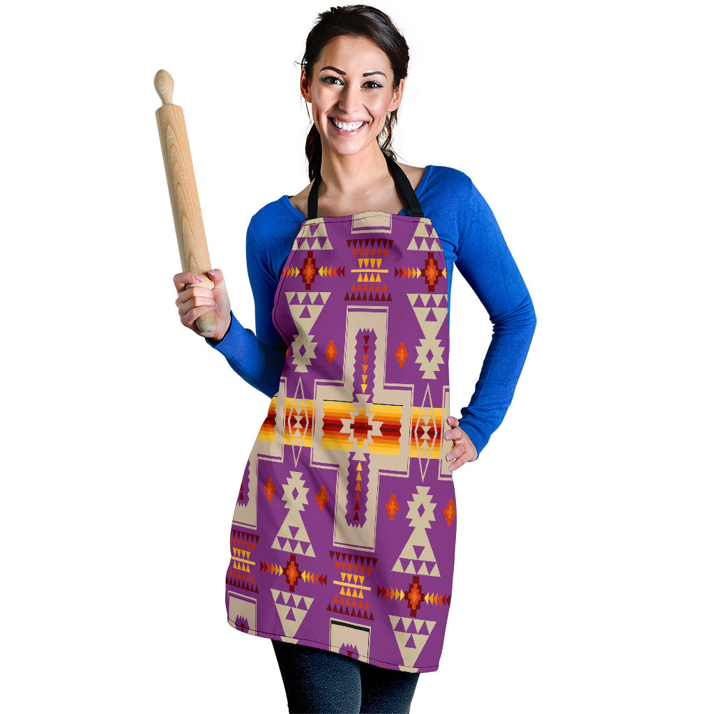 Purple tribal patterned apron with black straps, multicolor geometric motifs
