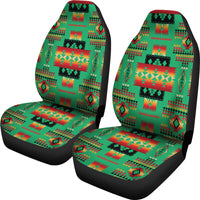 Set of two multicolor Native-style car seat covers with geometric motif on black trim