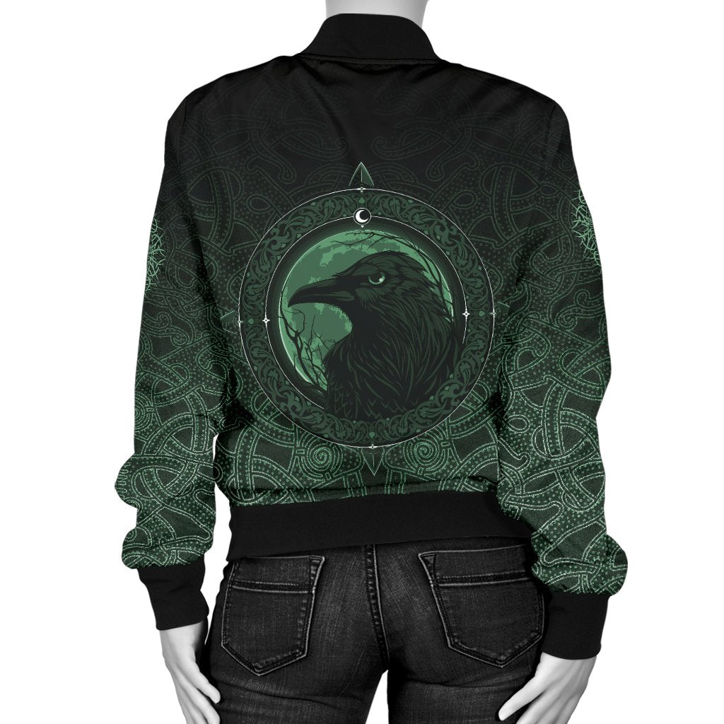 Viking Women's Bomber Jacket, Ethnic Odin Raven Green RLT12 - Wonder Print Shop