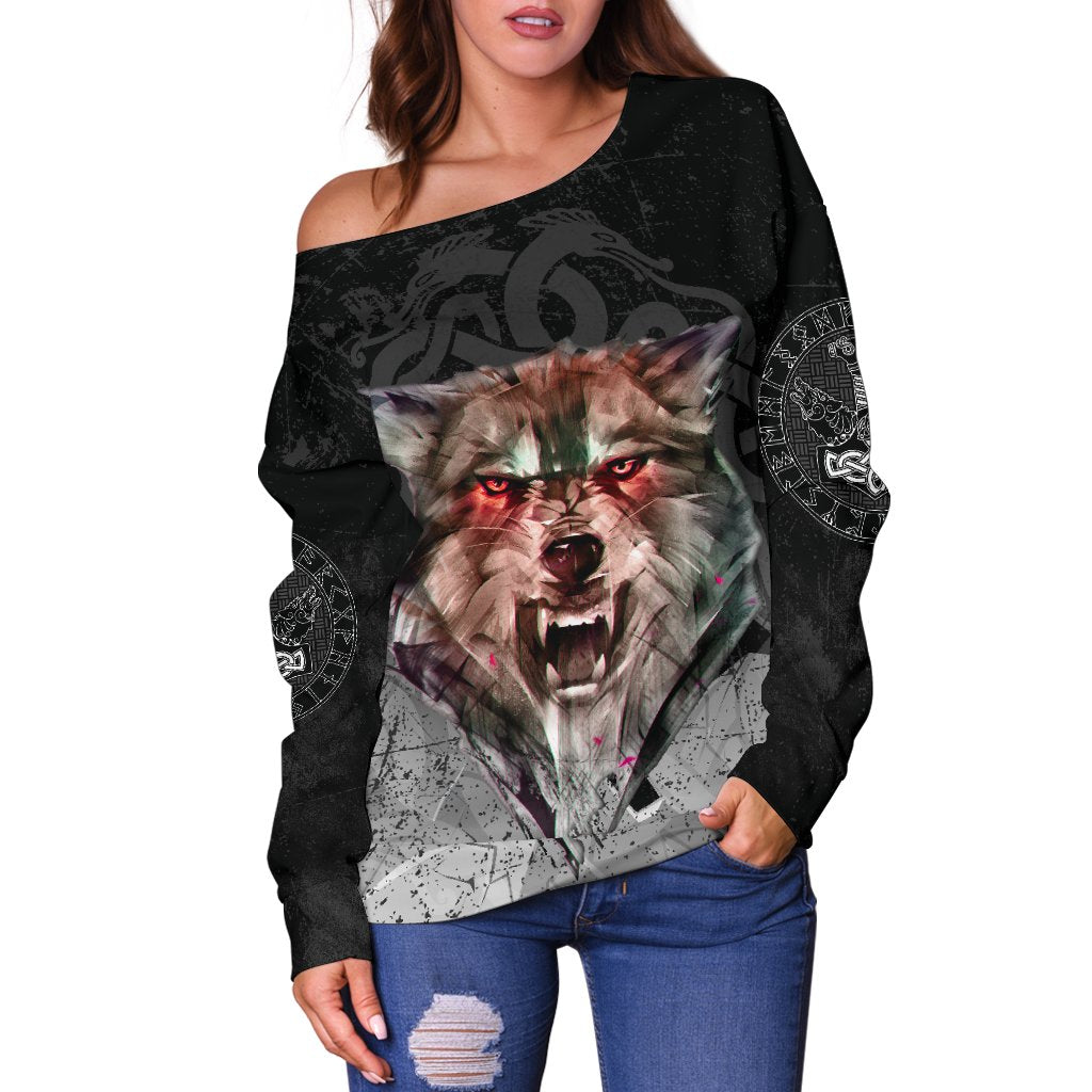 Viking Women's Off Shoulder Sweater - Fenrir Norse Wolf RLT12 - Wonder Print Shop