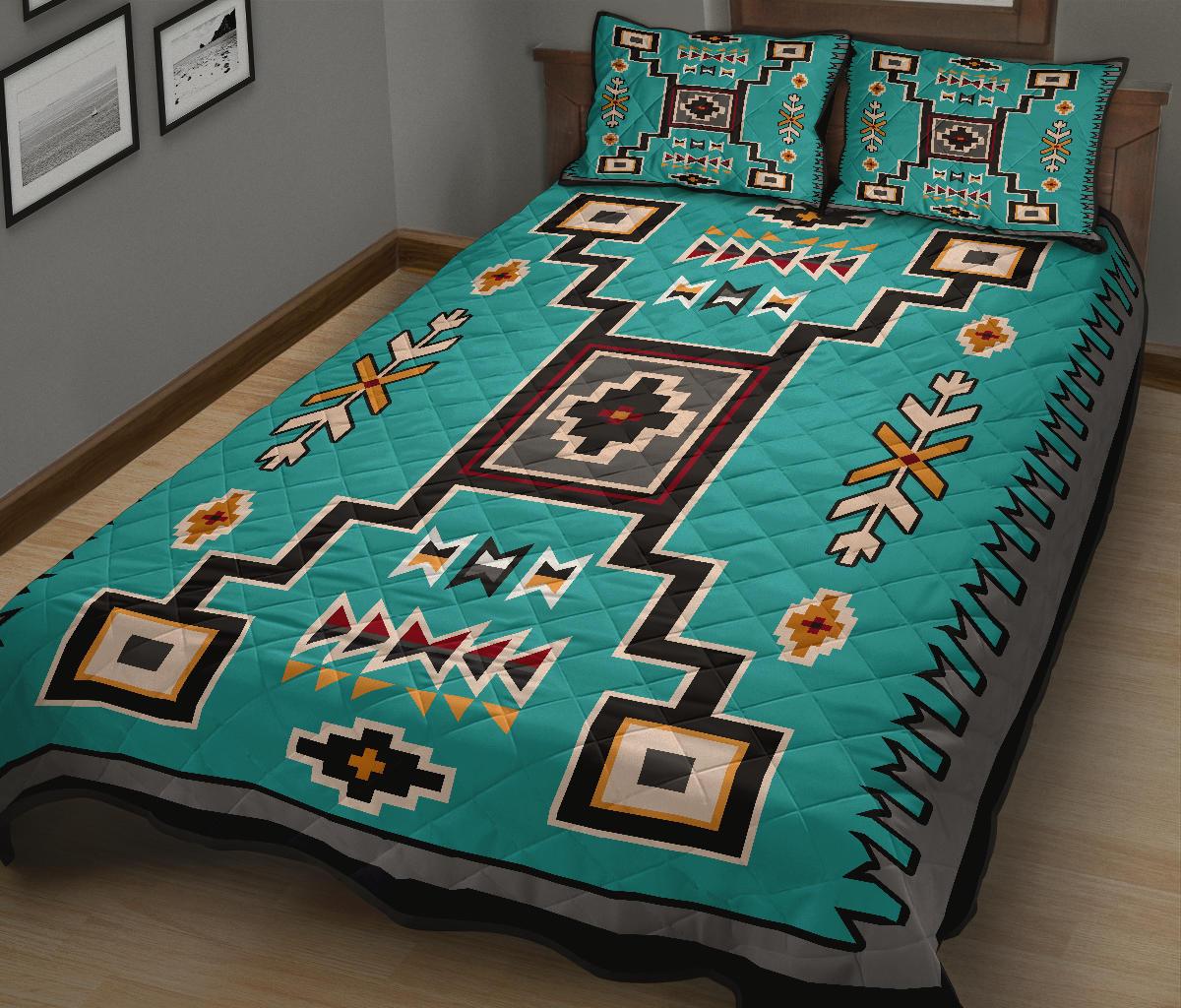 United Tribes Cyan Pattern Native American Quilt Bed Set LT10 - Wonder Print Shop