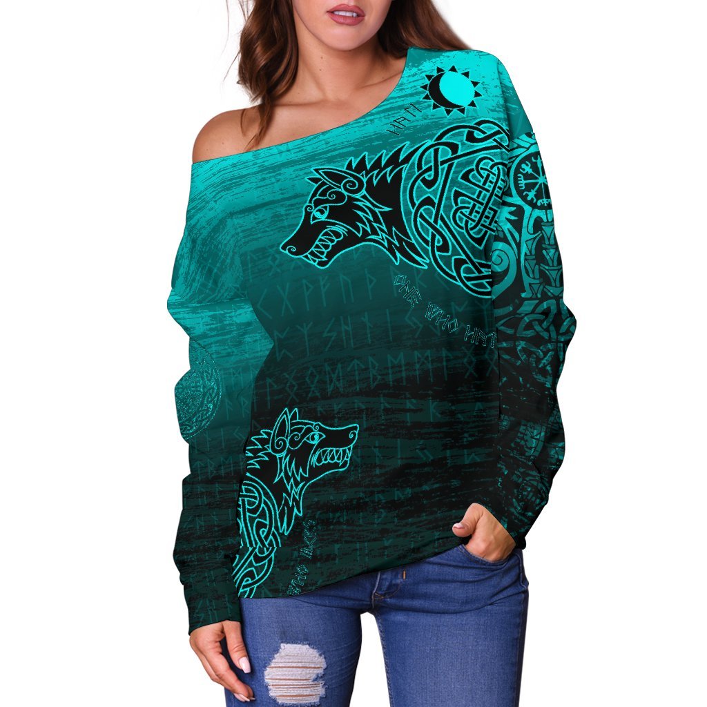 Viking Women's Off Shoulder Sweater, Skoll and Hati RLT12 - Wonder Print Shop