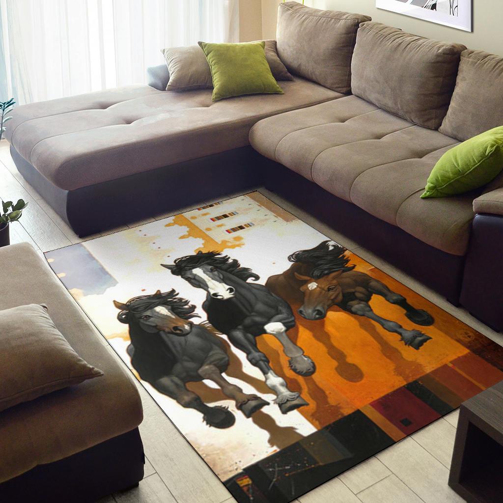 Horse-themed area rug featuring four dark horses over orange and white stripes, bordered