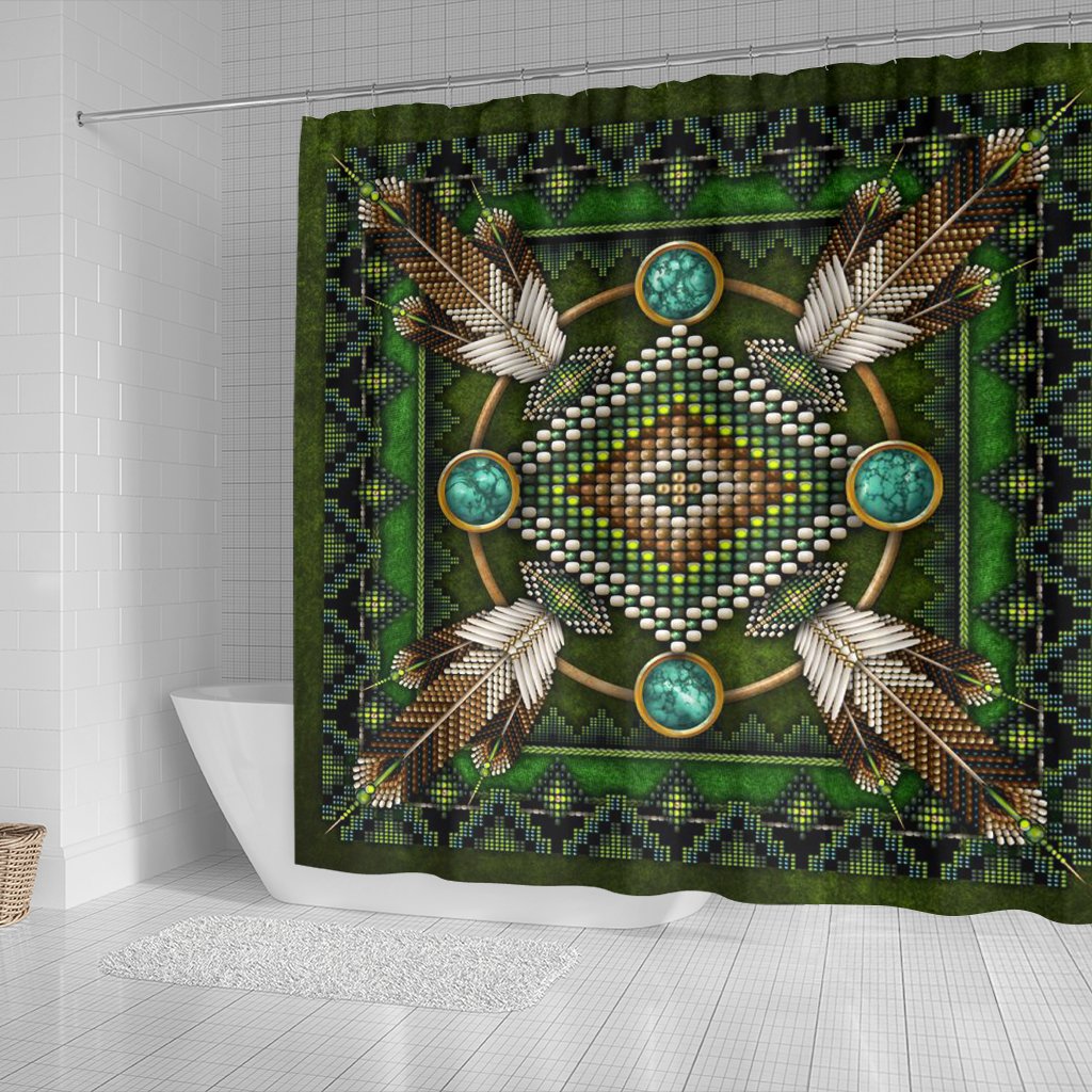 Green shower curtain with central circular mandala, turquoise rings, beaded border