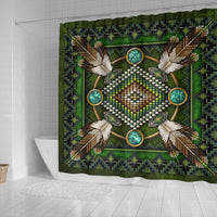 Green shower curtain with central circular mandala, turquoise rings, beaded border