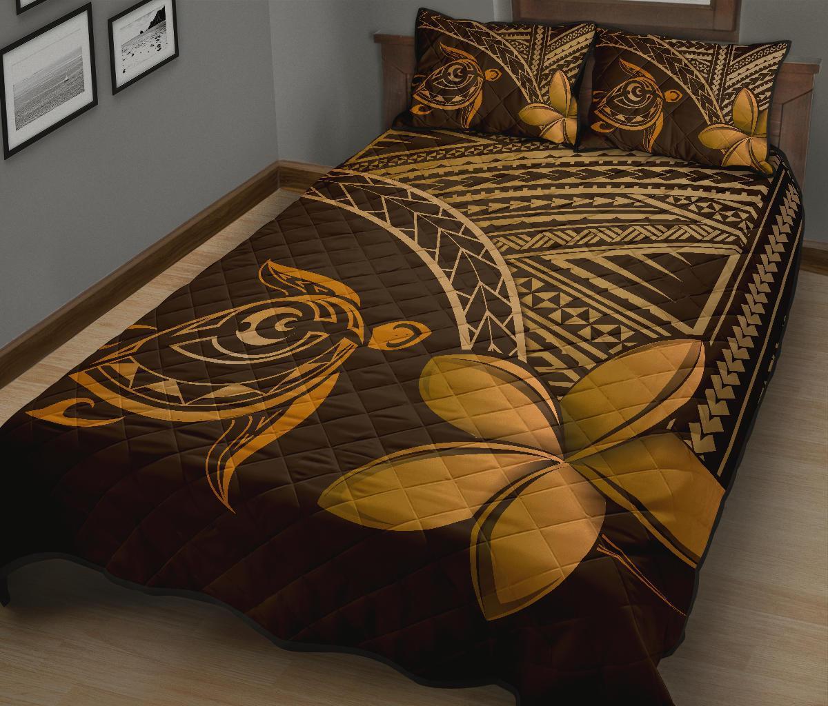 Hawaiian Turtle Plumeria Kakau Polynesian Quilt Bedding Set Brown - Wonder Print Shop