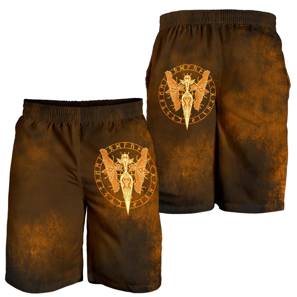viking-all-over-print-mens-shorts-gold-spear-of-the-god-odin-gungnir-and-two-gold-ravens
