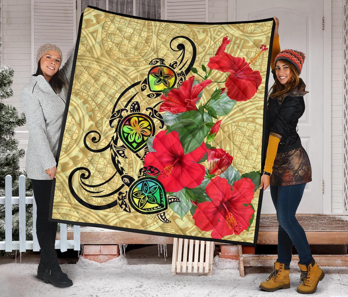 Hawaiian Marble Turtles Hibiscus Premium Quilt - Wonder Print Shop