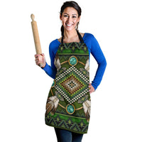 Green mandala apron worn with neck strap and two pockets; turquoise circle motifs