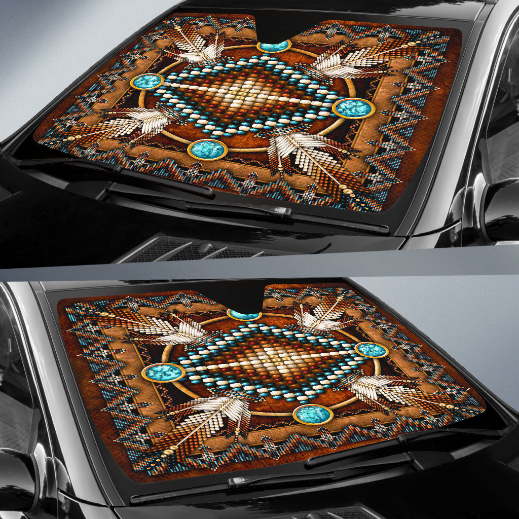 Native American mandala windshield sun shade, teal and white accents on brown