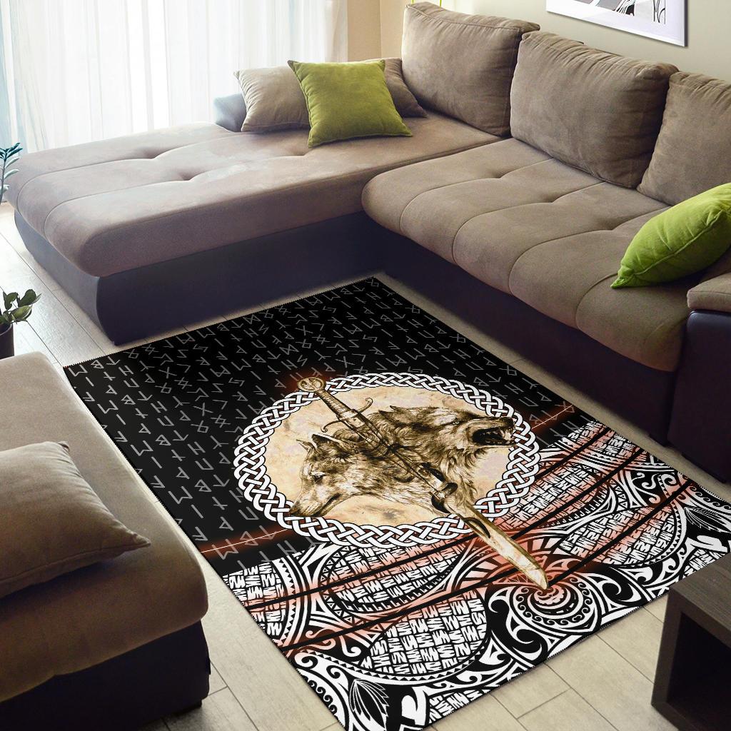 Viking Area Rug Wolf and Vikings Tattoo 3D RLT12 - Wonder Print Shop