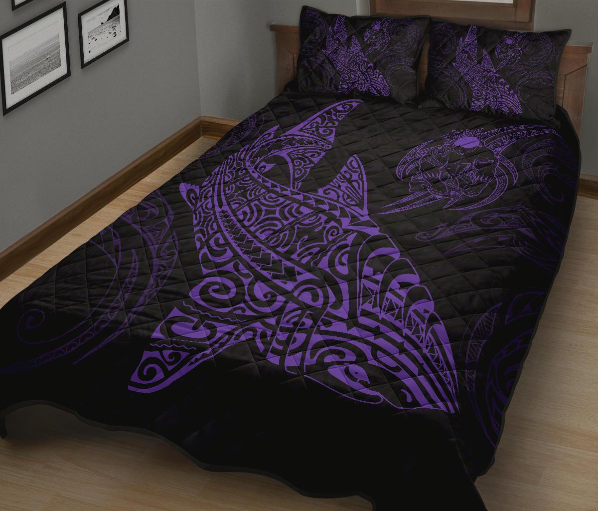 Polynesian Quilt Bed Set - Polynesian Purple Shark Warrior Tattoo - Wonder Print Shop