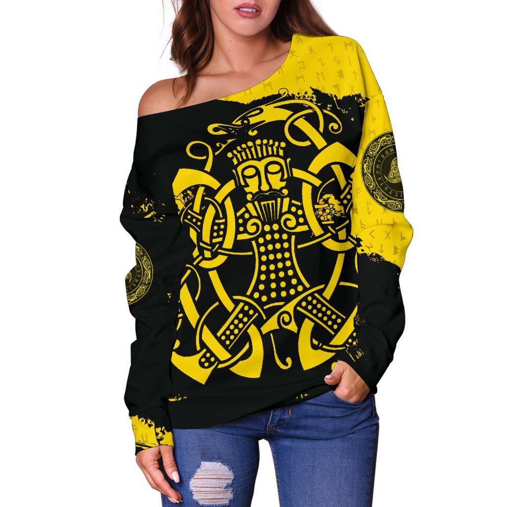 Viking Women's Off Shoulder Sweater, Loki Bound Triskele Rune Gold RLT12 - Wonder Print Shop