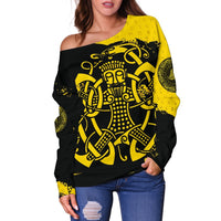 Viking Women's Off Shoulder Sweater, Loki Bound Triskele Rune Gold RLT12 - Wonder Print Shop