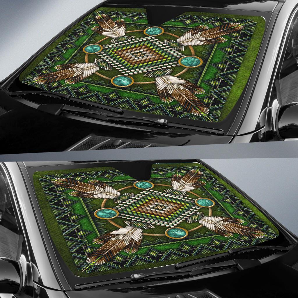 Green Native American mandala sun shade, center bead pattern with teal oval accents