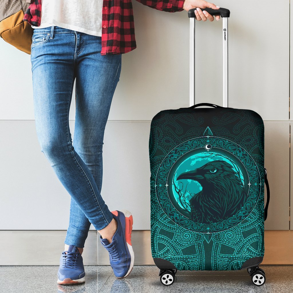 Viking Luggage Cover, Ethnic Odin Raven Cyan RLT12 - Wonder Print Shop