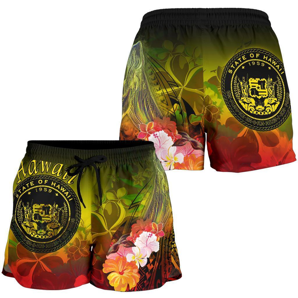 Yellow tropical floral swim shorts with black elastic waistband and Hawaii seal emblem
