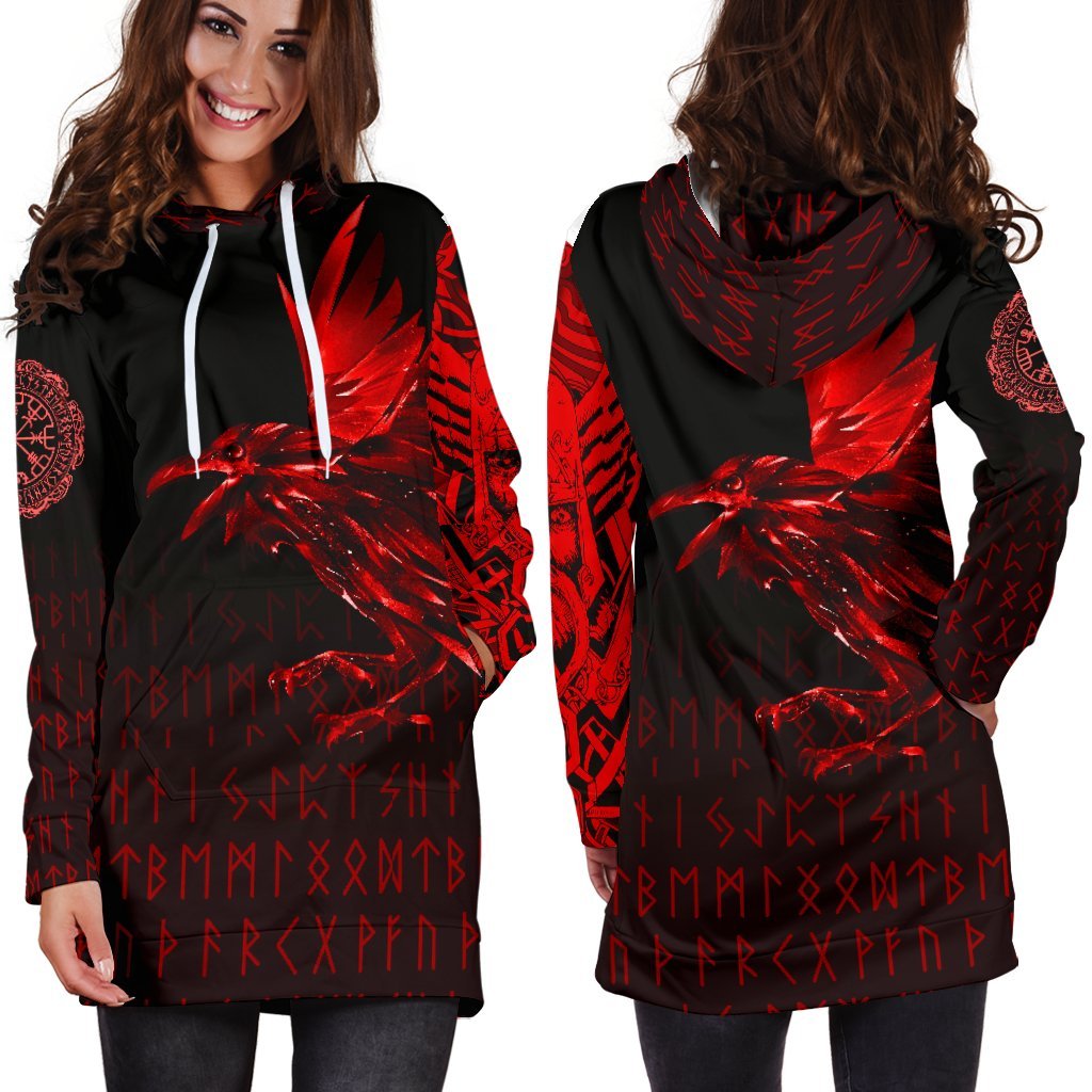 Viking Hoodie Dress The Raven Of Odin Rune, Red RLT12 - Wonder Print Shop