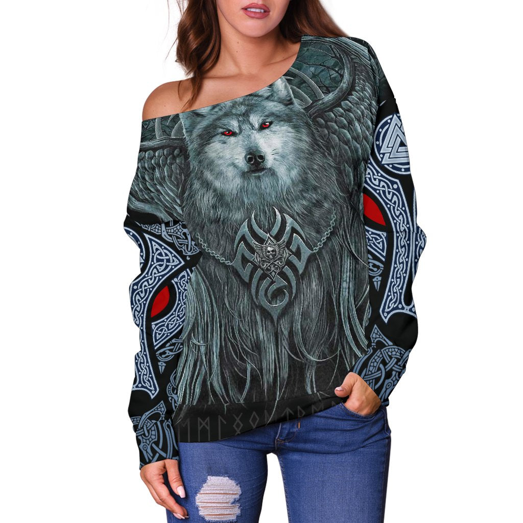 Viking Women's Off Shoulder Sweater, Spiral Wolf Spirit RLT12 - Wonder Print Shop