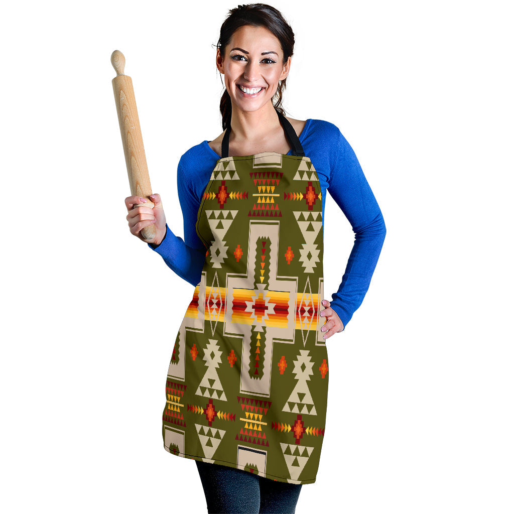 Green Native-style apron with colorful geometric print and black neck and waist ties