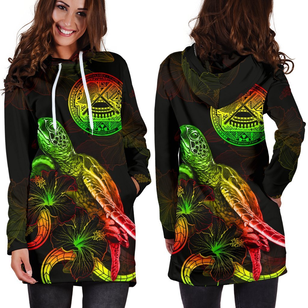 American Samoa Polynesian Hoodie Dress - Turtle With Blooming Hibiscus Reggae - Wonder Print Shop