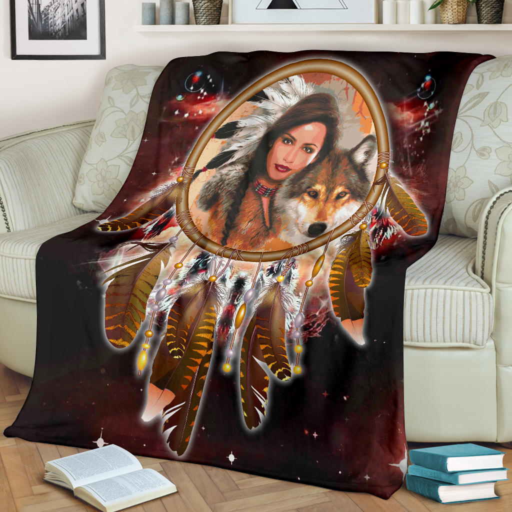 native-girl-dream-catcher-red-galaxy-blanket