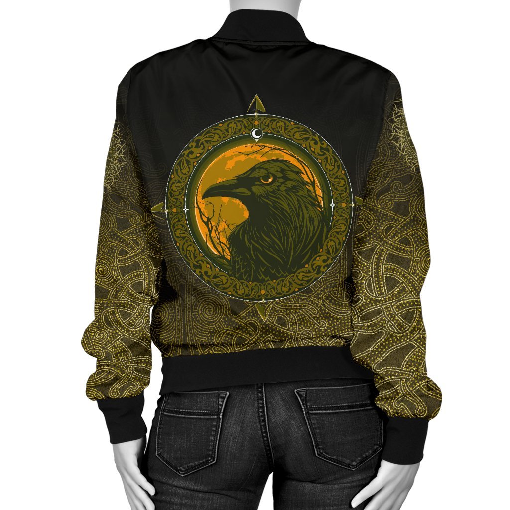 Viking Women's Bomber Jacket, Ethnic Odin Raven Gold RLT12 - Wonder Print Shop