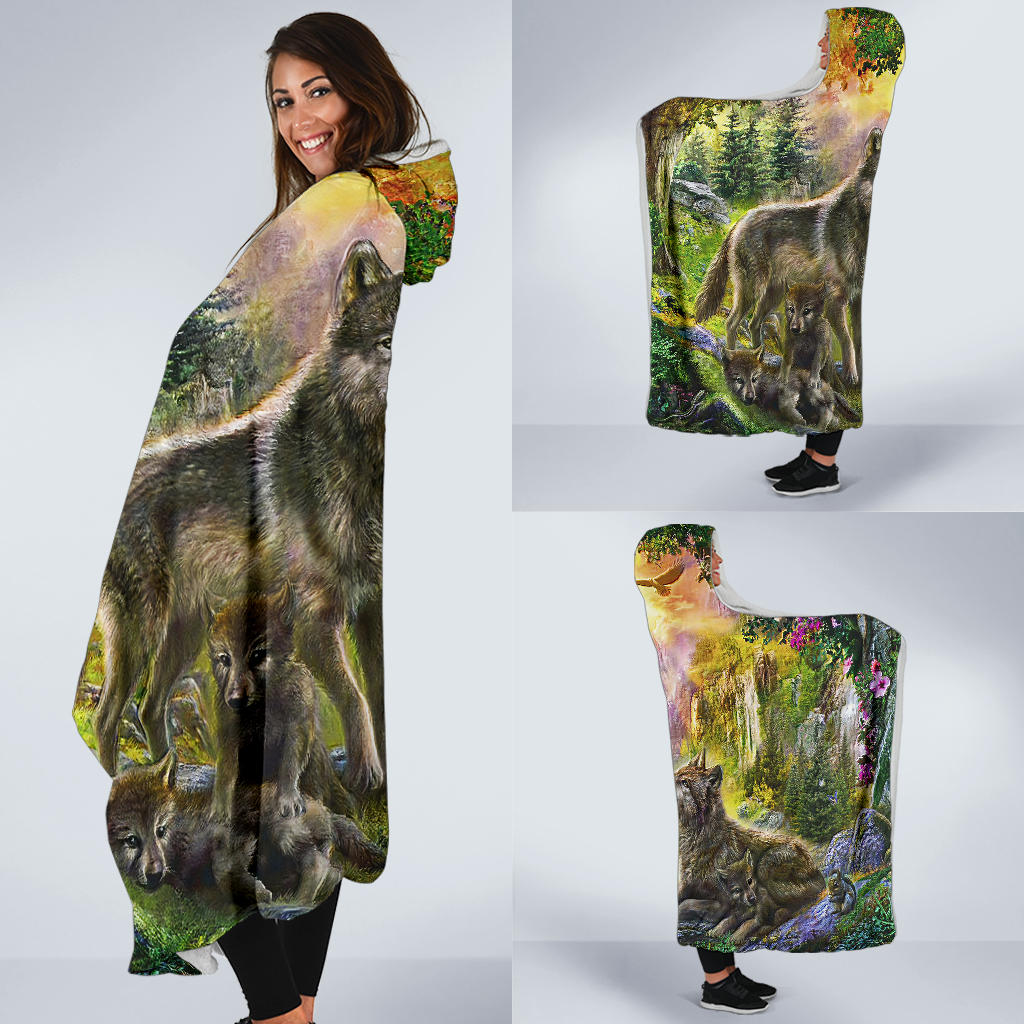native-american-wolf-happiness-family-in-the-spring-forest-hooded-blanket
