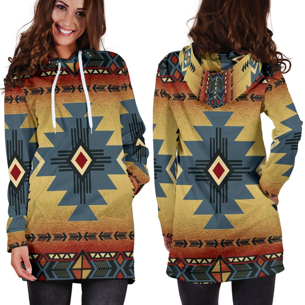 Blue Diamond Triangles Native American Hoodie Dress LT10 - Wonder Print Shop