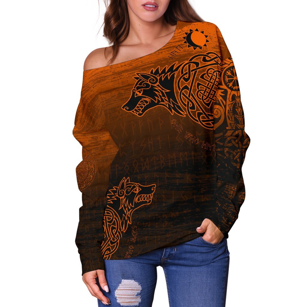 Viking Women's Off Shoulder Sweater, Skoll and Hati Orange RLT12 - Wonder Print Shop