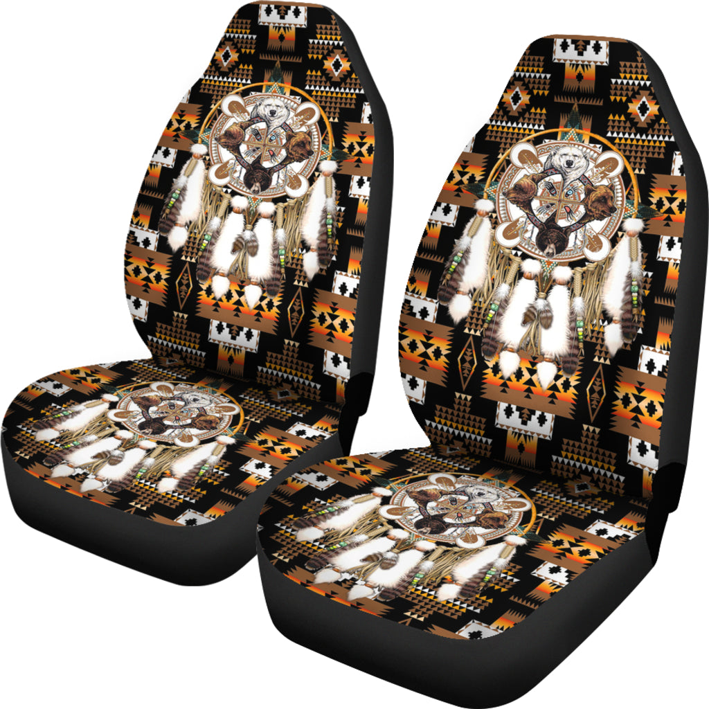 Pair of front seat covers with multicolor bear dreamcatcher artwork and white feather tassels