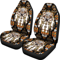 Pair of front seat covers with multicolor bear dreamcatcher artwork and white feather tassels