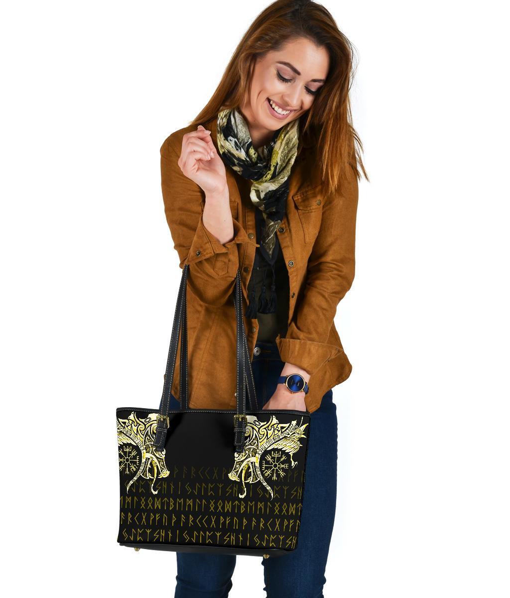 Viking Small Leather Tote, Fenrir Raven and Vegvisir Tattoo Yellow RLT12 - Wonder Print Shop