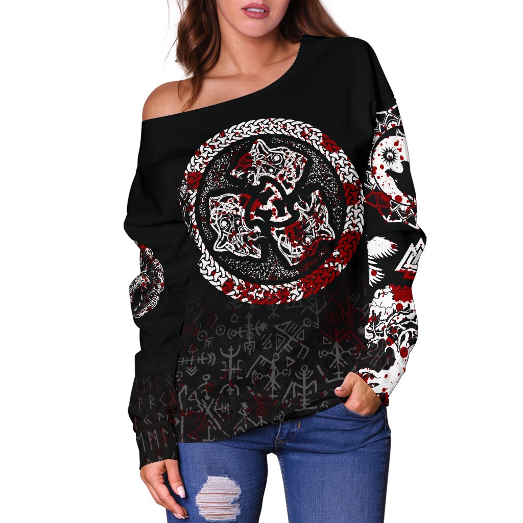 Viking Women's Off Shoulder Sweater - Fierce Blood Wolf Symbol Of A Viking Nordic RLT12 - Wonder Print Shop