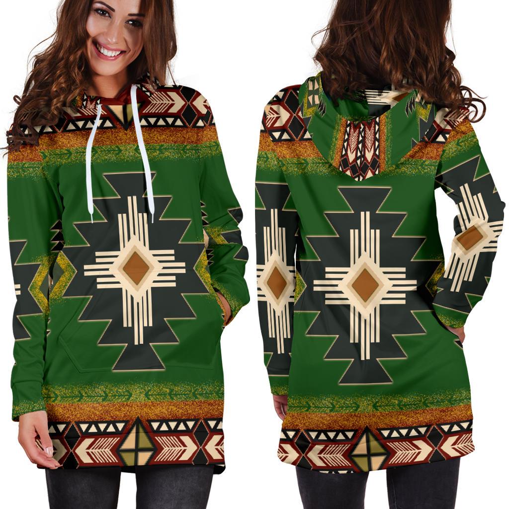 Indigenous Design Green Native American Hoodie Dress LT10 - Wonder Print Shop