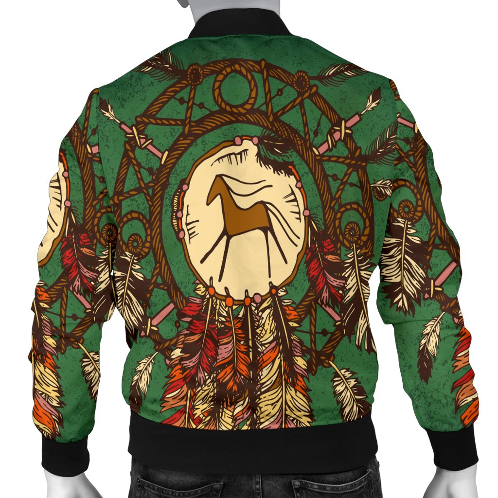 Back view green bomber jacket with large horse face and feather pattern, full zip