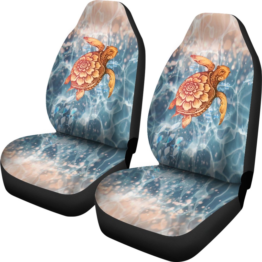 Pair of universal seat covers: front seats with turtle graphic and speckled beige cushion