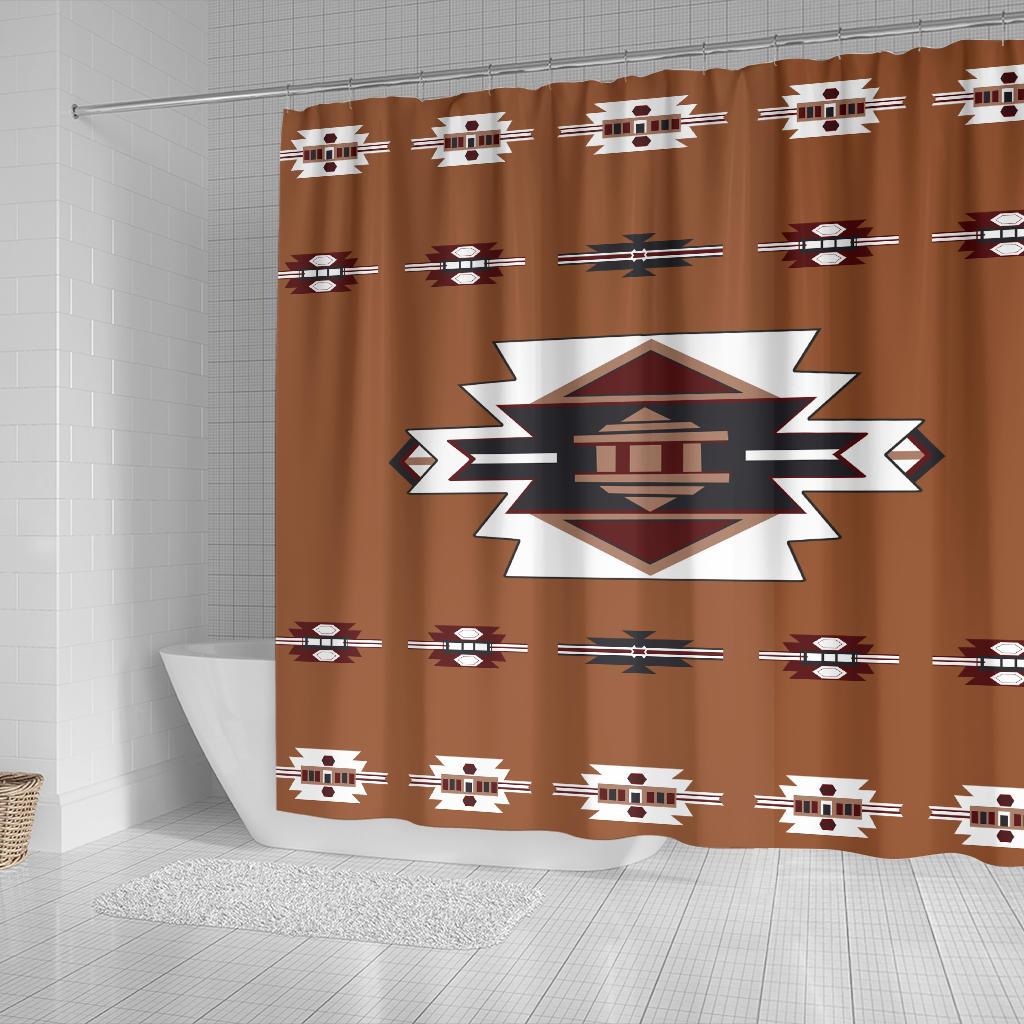 Brown shower curtain showing full geometric repeat pattern in multicolor