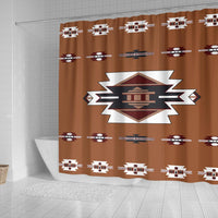 Brown shower curtain showing full geometric repeat pattern in multicolor