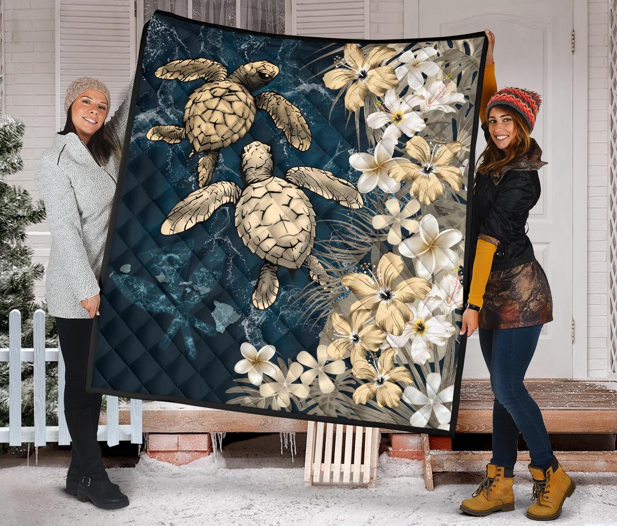 Kanaka Maoli (Hawaiian) Premium Quilt - Sea Turtle Tropical Hibiscus and Plumeria Gold - Wonder Print Shop