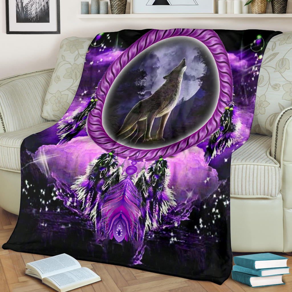 Howling wolf dream catcher blanket draped with purple moon and dark starry accents