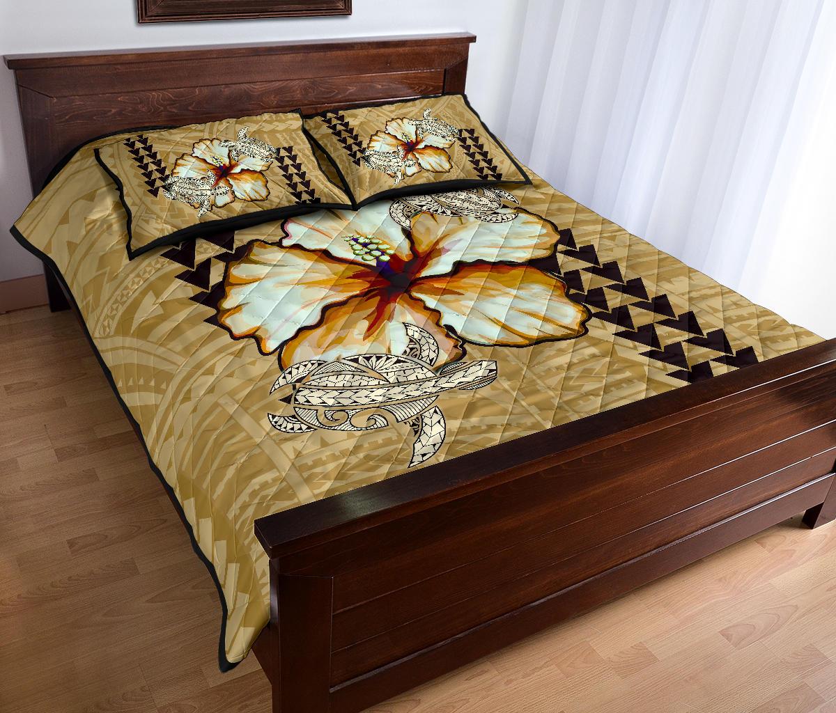 Hawaii Quilt Bed Set - Hawaiian Vintage Hibiscus Beige - Wonder Print Shop