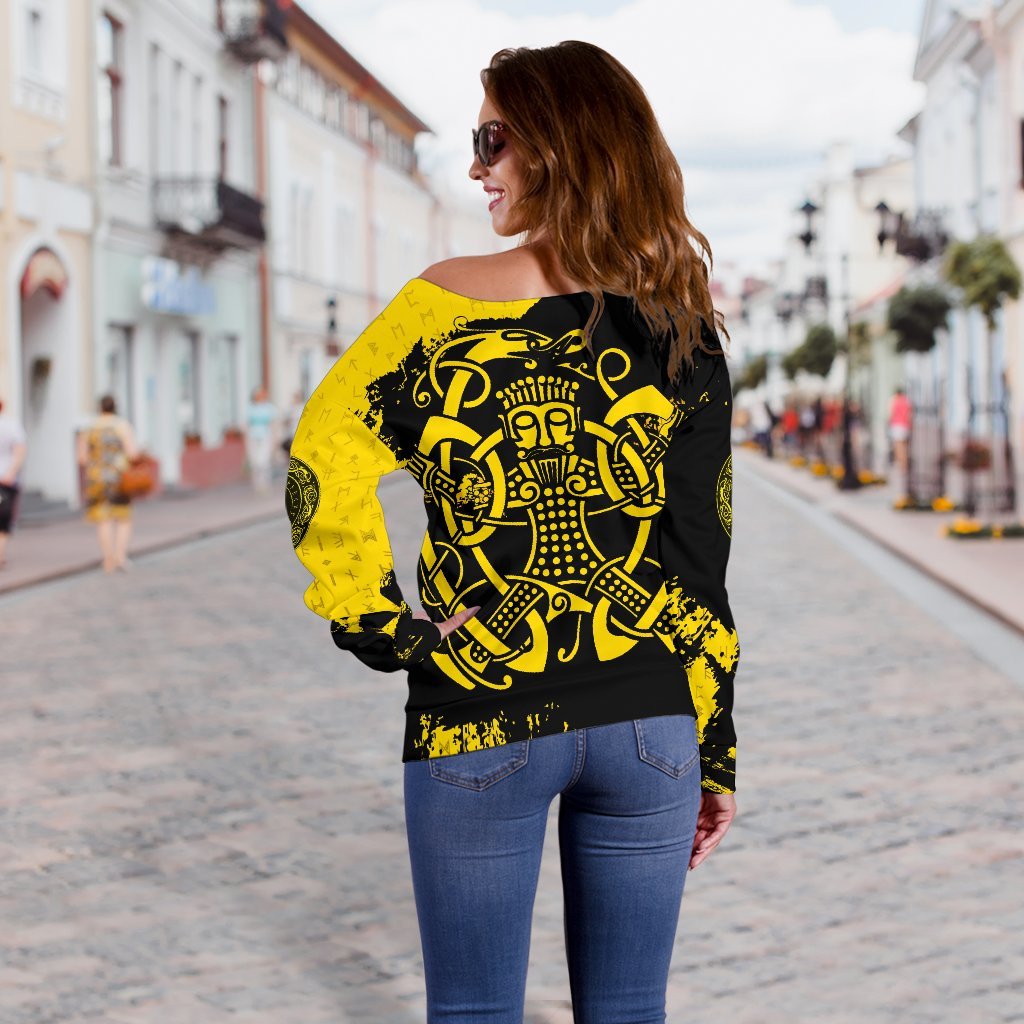 Viking Women's Off Shoulder Sweater, Loki Bound Triskele Rune Gold RLT12 - Wonder Print Shop