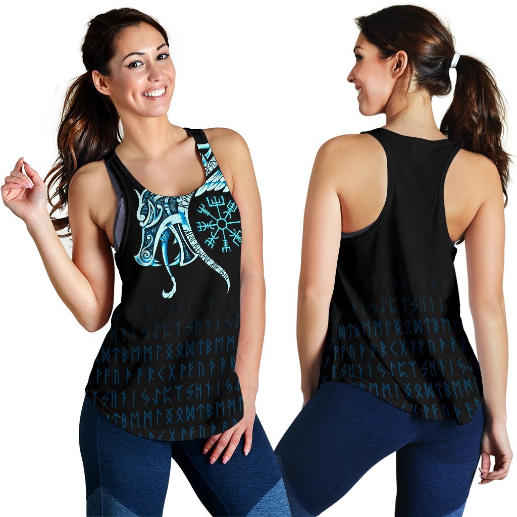 Viking Women's Racerback Tank, Fenrir Raven and Vegvisir Tattoo Cyan RLT12 - Wonder Print Shop