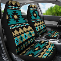 Aztec car seat covers with teal geometric pattern and tan center panel, front row