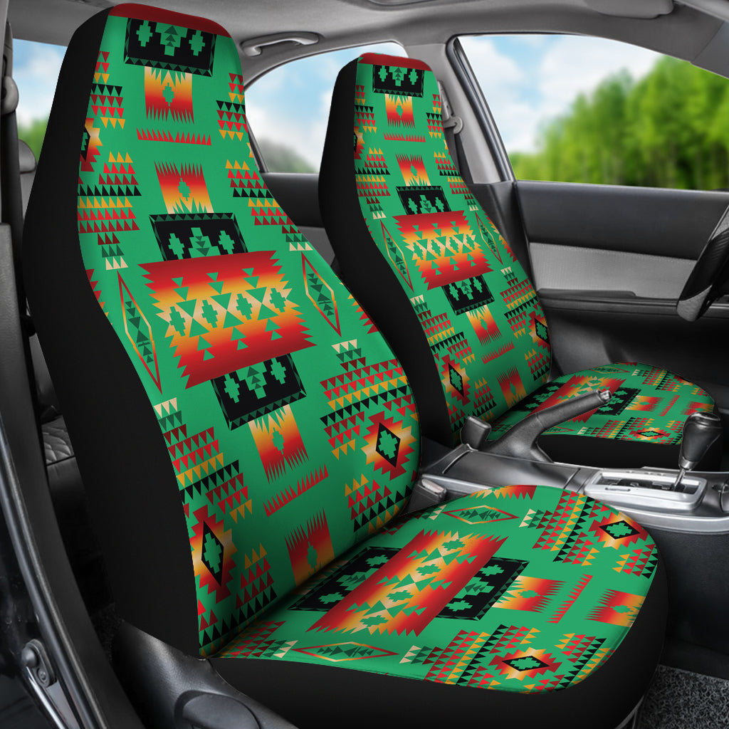 Native-style multicolor car seat covers on front seats with matching patterned cushions
